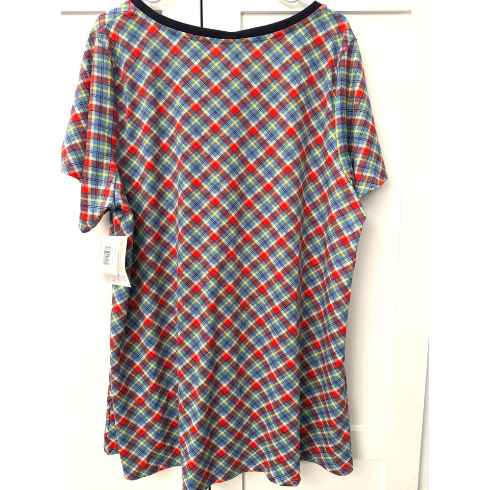 LuLaRoe Christy T Shirt 3XL NWT Blue Red Yellow Plaid V-Neck Short Sleeve Top